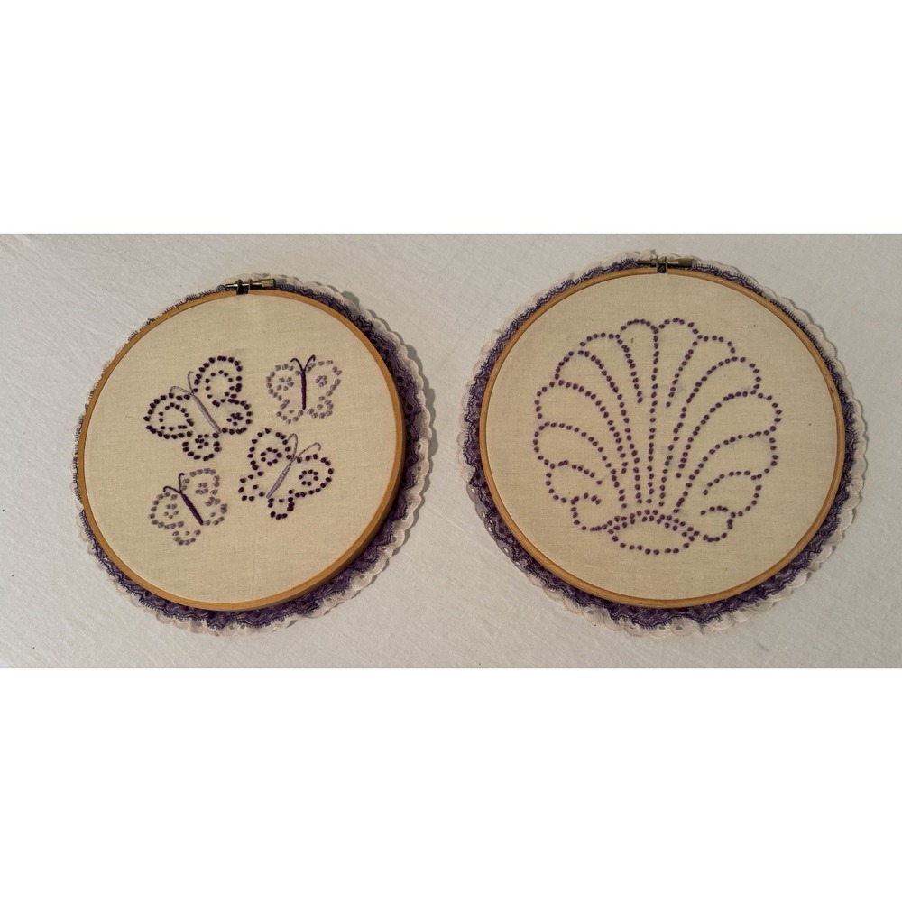Vintage Handmade Round Purple Shells Butterfly Embroidered Hoop Wall Art Framed
